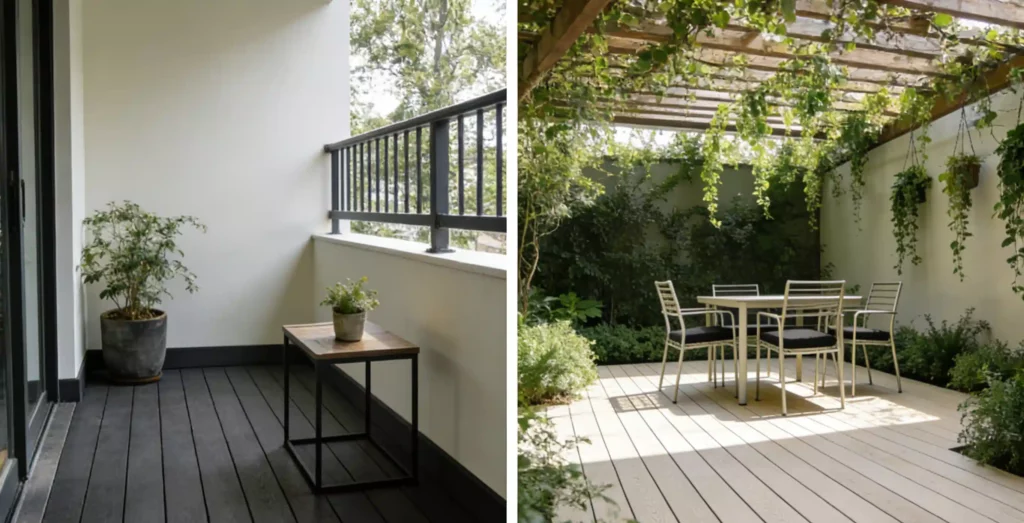 Two-panel collage: dark WPC decking for small balcony, light WPC for patio