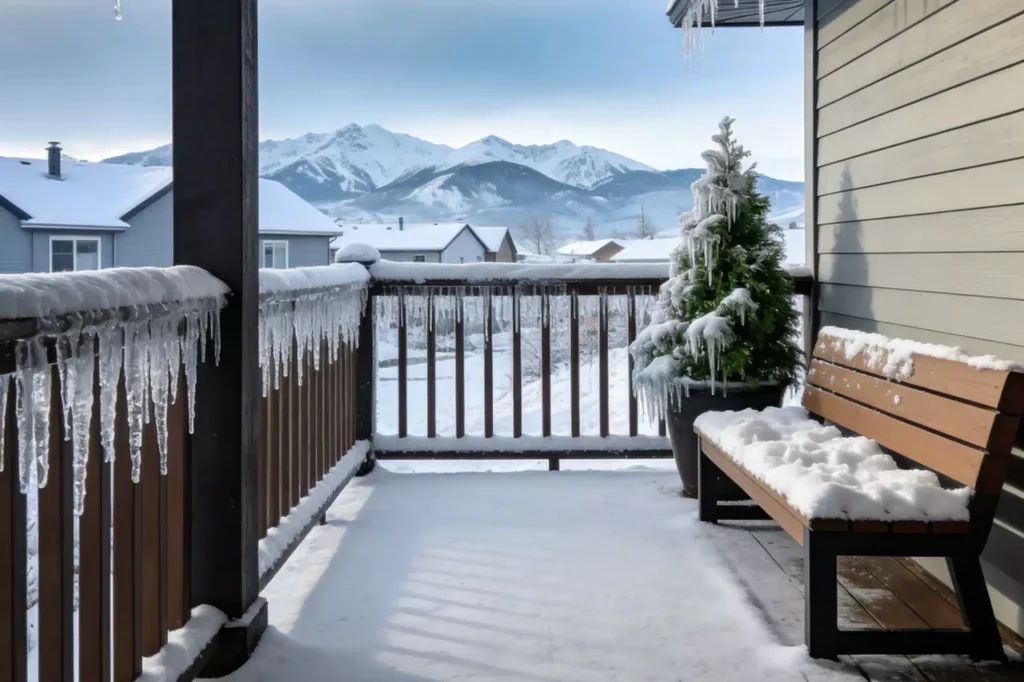 Snow-covered WPC composite decking porch in winter: showing deck boards, bench, and potted plants under snow with icicles hanging from eaves, alongside houses and mountains in the background, illustrating a typical Canadian winter climate scenario.