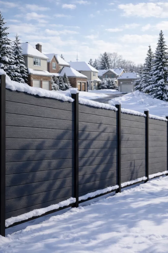 Feelingwood composite fencing standing strong in Canadian winter snow—durable, cold-resistant composite fence for harsh climates