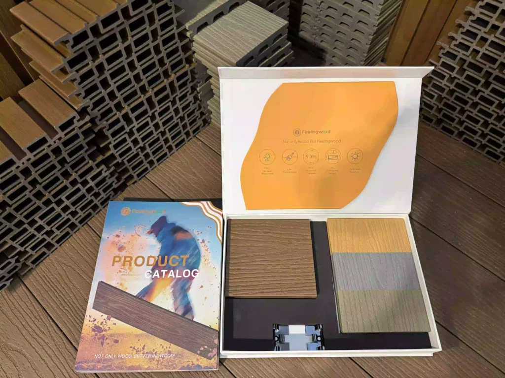 FeelingWood WPC decking sample kit with product catalog and material samples