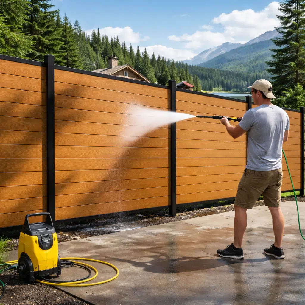 Man cleaning the durable, low-maintenance brown wood-grain composite fence with a pressure washer, showcasing easy upkeep.