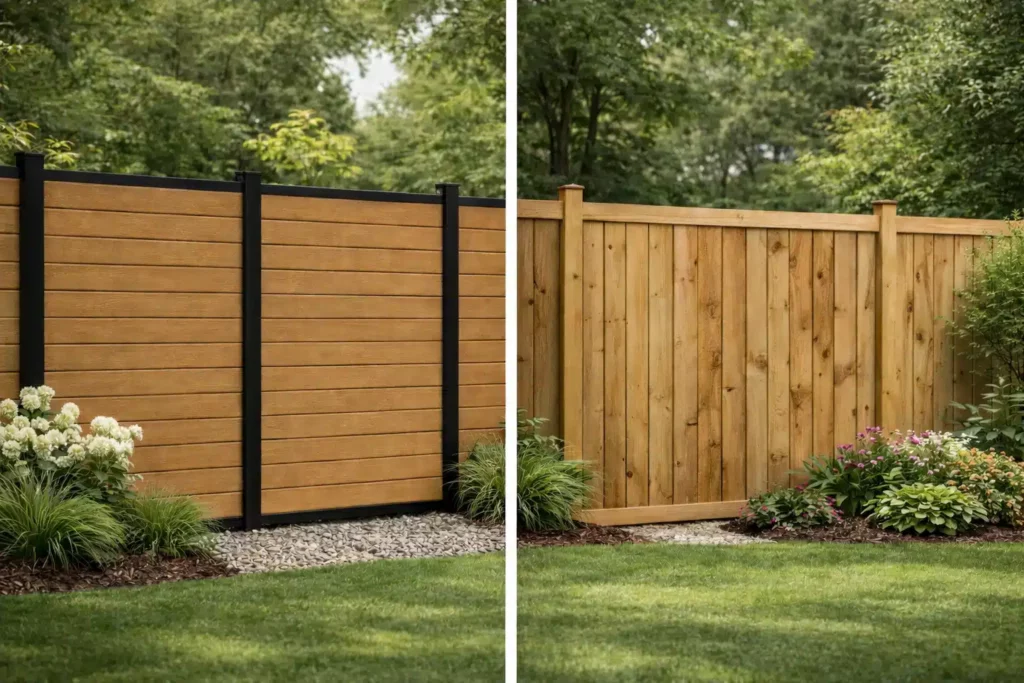 Feelingwood WPC Clôture VS Bois : comparaison extérieure côte à côte