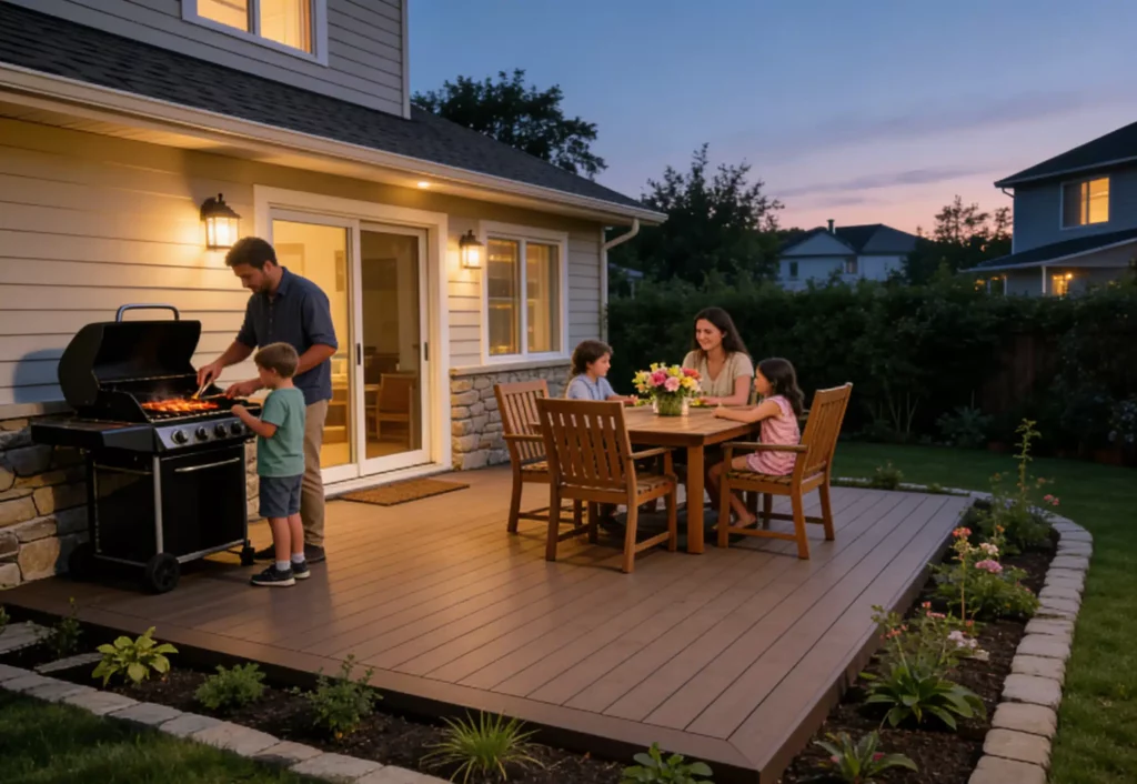 A residential deck at dusk: Under the warm glow of lights, a father helps a boy at the barbecue grill, while a mother and two children sit around the dining table. The deck features a wood-look texture and is bordered by greenery, creating a warm and cozy atmosphere.