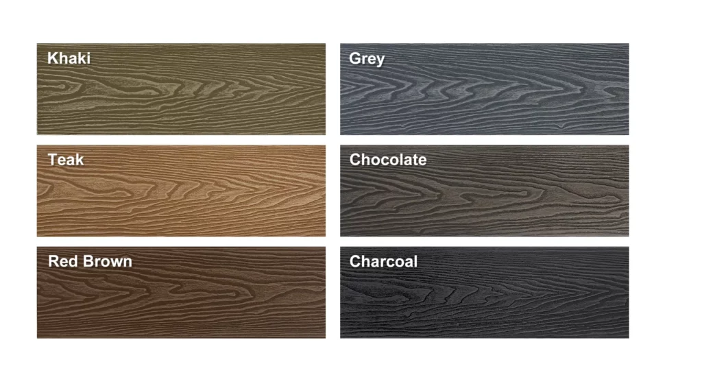 WPC decking color samples showing a range of six options, such as khaki, gray, and teak tones.