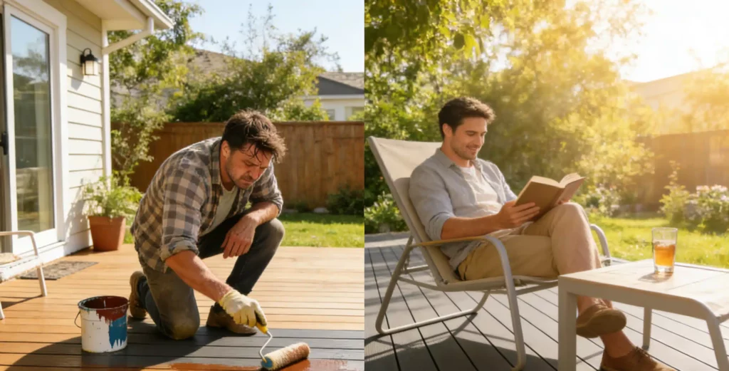 Enjoying your outdoor living space: a comparison shows a man maintaining a wood decking (left) versus relaxing on the wpc patio (right), highlighting the value of wpc decking materials.