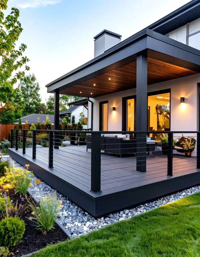 A modern covered patio with dark gray WPC decking, black metal framing. Connected to the warm interior, it features plants and gravel landscaping for a comfortable outdoor living space.