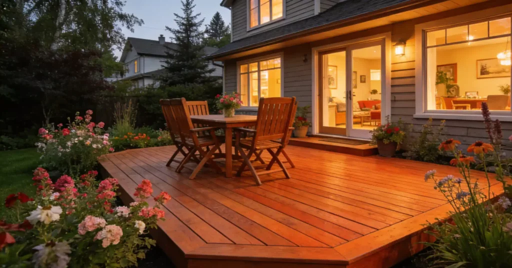 Warm, inviting traditional wooden deck at evening, set for dining with chairs, table, and blooms, creating a seamless extension of the indoor living area.