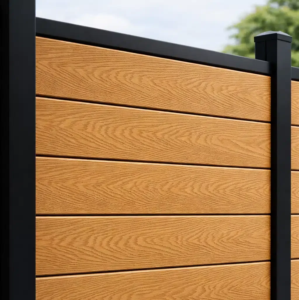 Feelingwood WPC Fencing : lattes composites en bois-grain brunes associées à un cadre en métal noir élégant, une solution de limite extérieure durable.