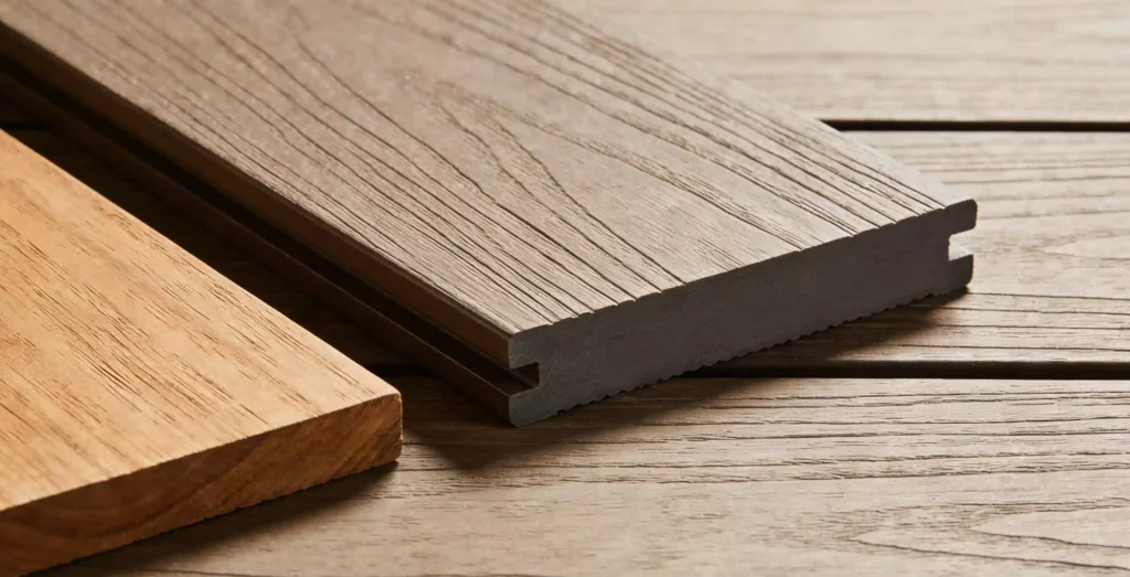 WPC decking with authentic wood-grain texture compared to traditional wood decking—offering the same natural look with superior durability for outdoor space.