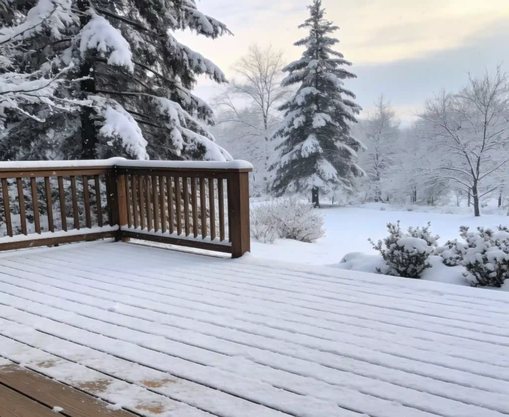 WPC decking in Canadian winter snow, highlighting its weather resistance