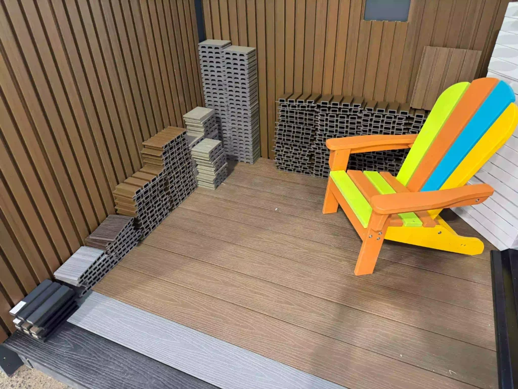 WPC decking and cladding product samples displayed at exhibition showroom