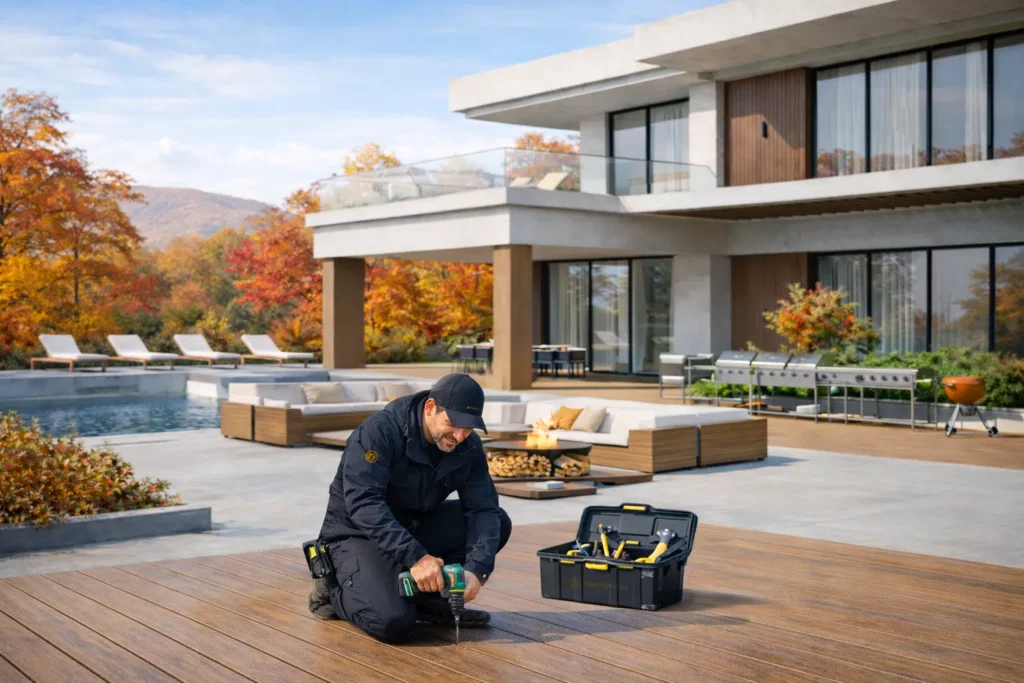Professional installing WPC patio decking (modern villa setting)