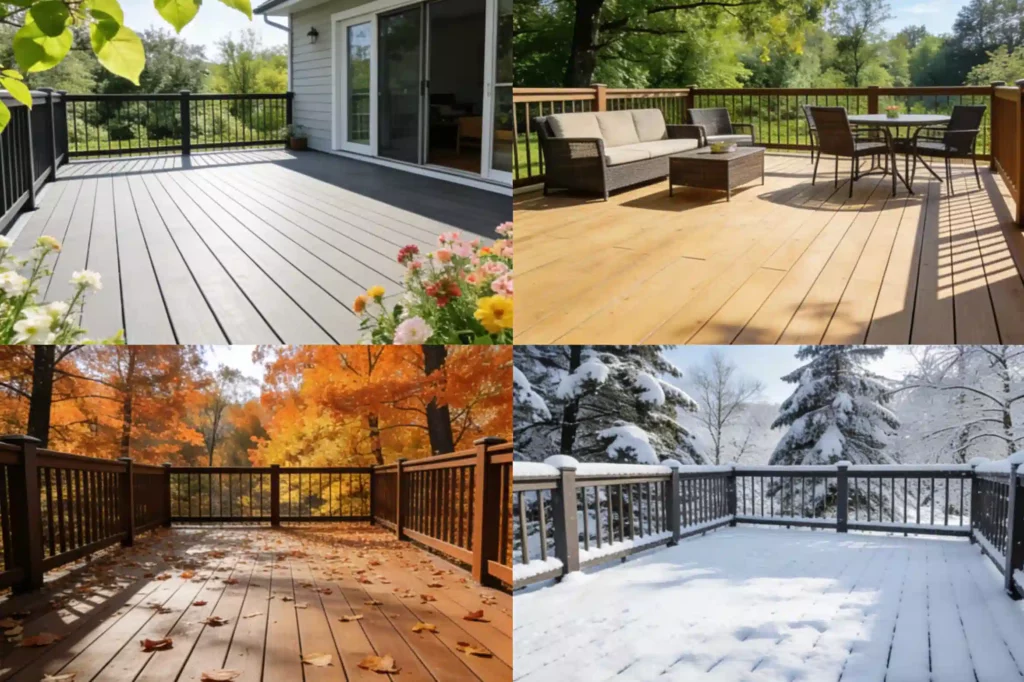 Four-panel collage: outdoor wpc decks across seasons (furnished spring-summer; autumn leaves; winter snow) with houses & woods backdrop