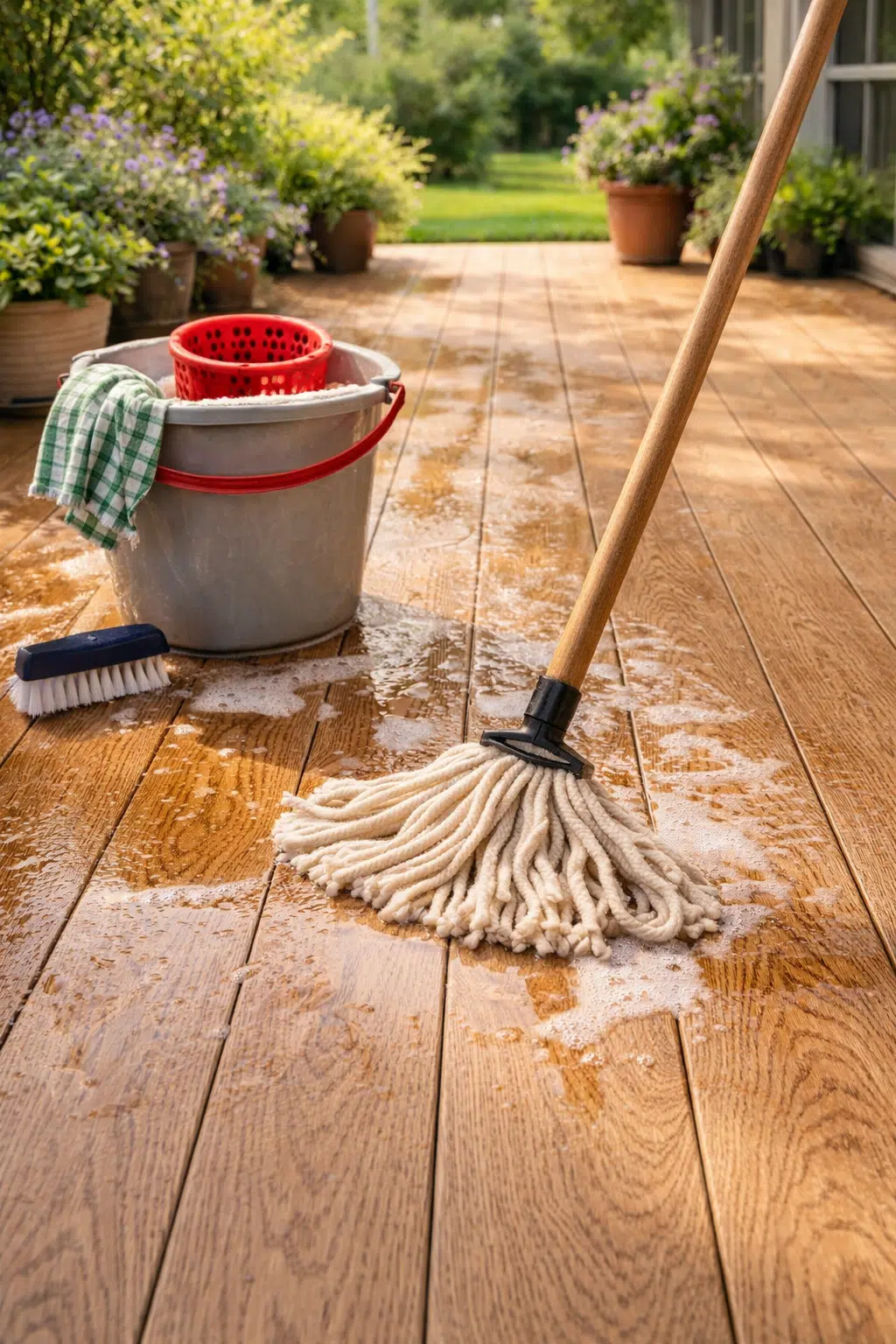Cleaning an outdoor WPC patio: tools including a mop, bucket with filter, and scrub brush show easy maintenance.