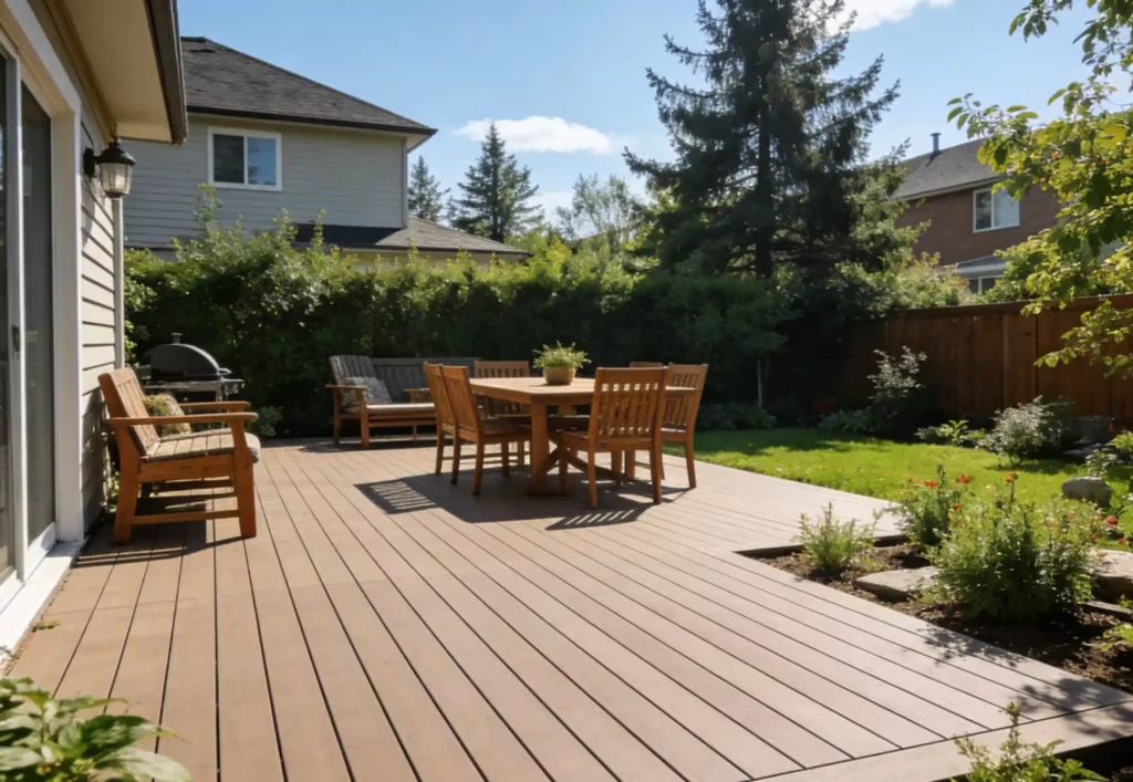 Sunny backyard wpc deck of a house: light brown deck decking with a wood-like texture is furnished with a wooden table and chairs, lounge chairs, and a barbecue grill, surrounded by green plants and fencing, and neighboring houses are visible in the background, creating a fresh and relaxing atmosphere.
