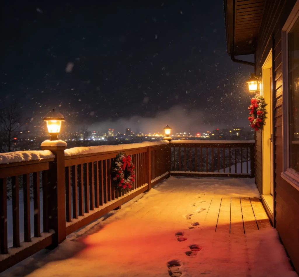 WPC composite deck in a snowy winter night: The frost- and snow-resistant decking remains sturdy and slip-resistant under light snow cover, with visible footprints demonstrating surface traction. Railings and decorations stay secure in cold conditions, and warm lighting reveals no warping or damage. As light snow falls against a backdrop of distant city lights, the scene highlights the durability and all-weather resilience of WPC decking in harsh winter climates.