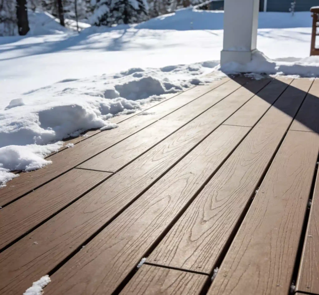 Close-up of a WPC composite deck on a sunny winter day: sunlight creates light and shadow on the light brown wood-grain boards, with snow remaining at the edges. Adjacent snow piles and a backdrop of snow-covered trees and ground illustrate the decking’s real-world performance in clear, cold weather.