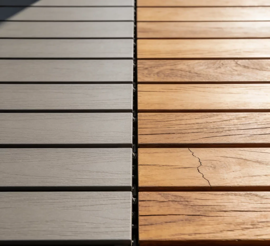 On the left is light gray WPC decking with a smooth and uniform grain; on the right is light brown traditional solid wood decking, featuring natural wood grain and subtle cracks. The clear differences in texture and appearance of both decking types are showcased under bright lighting.