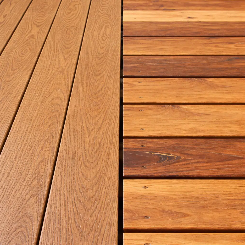 Side-by-side comparison on a patio: new WPC decking vs. faded traditional wood, highlighting the superior appearance retention of WPC decking.
