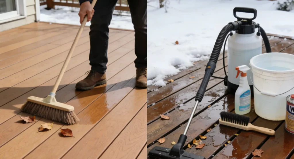 Patio maintenance comparison: left shows labor-intensive sweeping of wet leaves and snow from a wood deck; right displays streamlined cleaning tools  for a low-maintenance WPC deck.