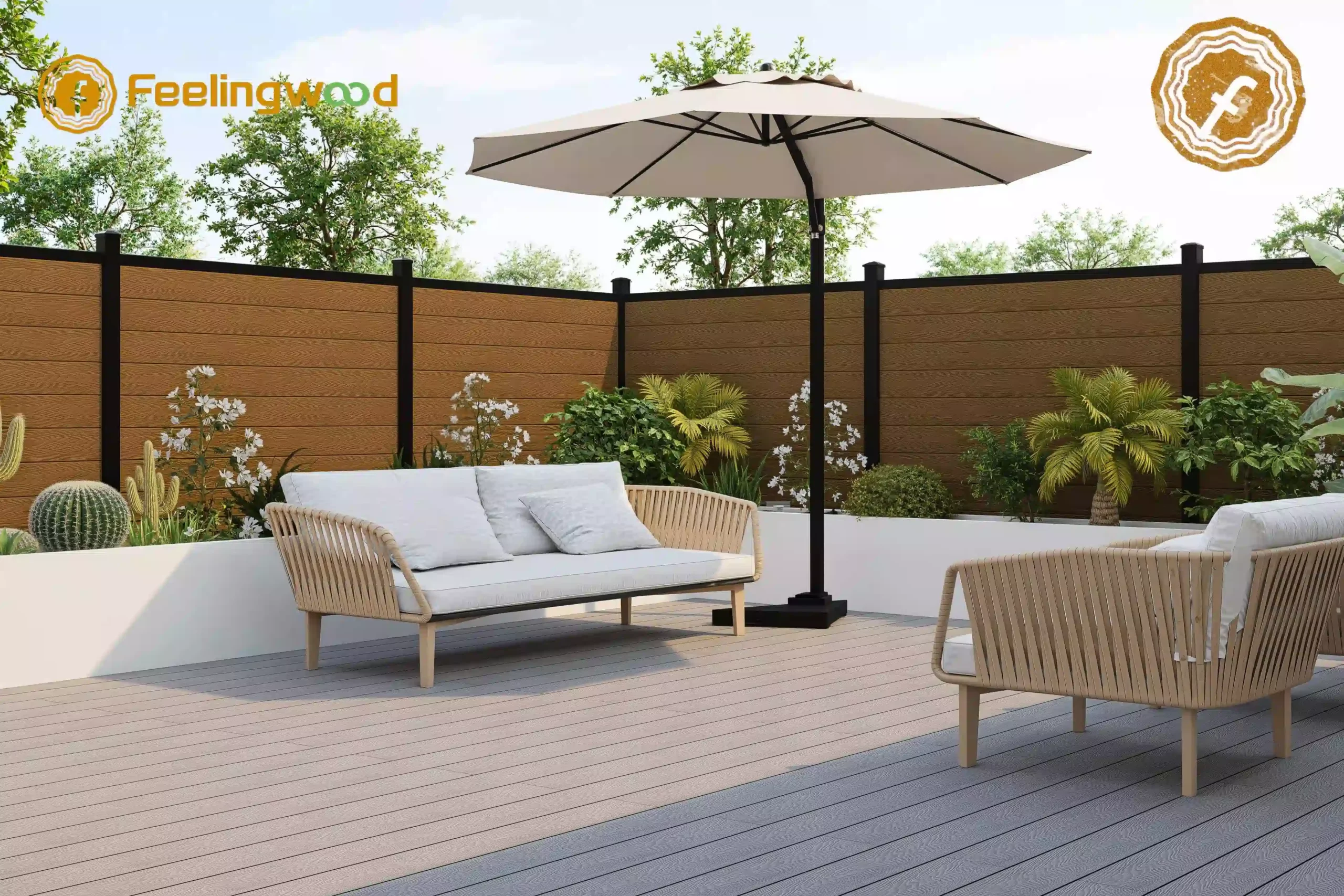 A Canadian backyard landscape featuring Feelingwoood low-maintenance WPC fencing showcases the ultimate result of modern fencing solutions.