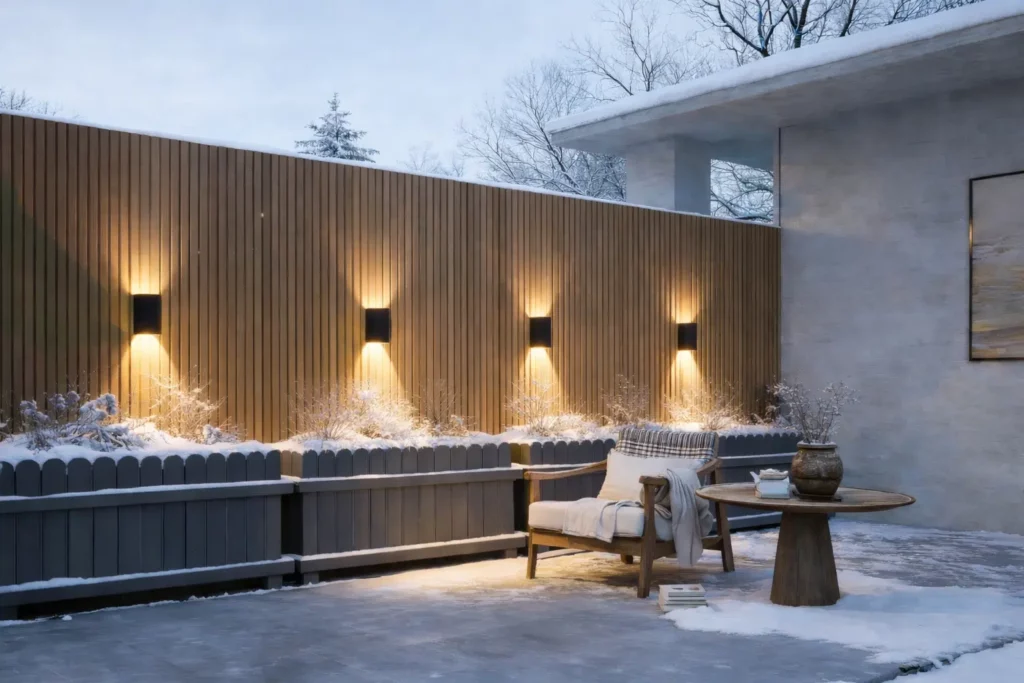 Feelingwood WPC cladding applied on a residential exterior in a Canadian winter snow scene, showcasing the material’s durability and weather resistance in cold, snowy conditions