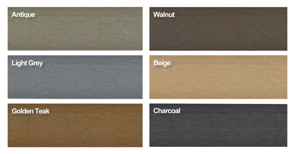 Feelingwood WPC cladding color selection chart, showcasing wood grain finish options including Antique, Walnut, Light Grey, Beige, Golden Teak, and Charcoal for residential exterior design