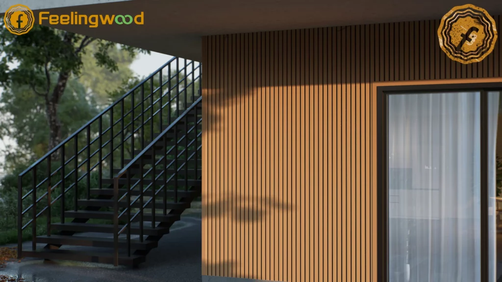 Feelingwood WPC cladding applied on the exterior wall of a modern residential building, paired with a black metal staircase, showcasing the material’s natural wood grain texture in an outdoor architectural setting