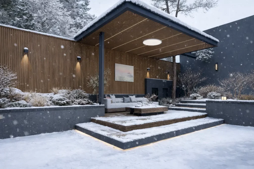 Snow-covered Feelingwood WPC decking and cladding on a Canadian residential patio in winter—demonstrating freeze-thaw resistant performance of WPC materials for durable outdoor home spaces.