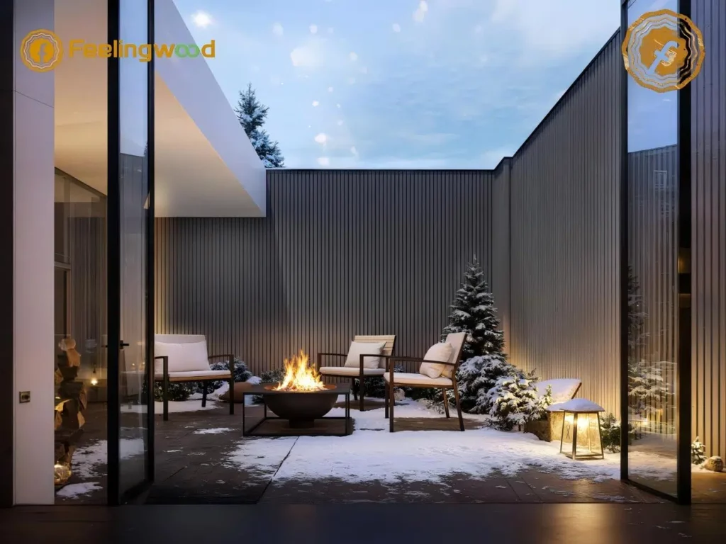 Cozy winter outdoor courtyard featuring dark gray Feelingwood fluted wall panels, a central fire pit, plush seating, and snow-dusted evergreen trees, creating an elegant, warm outdoor living space.
