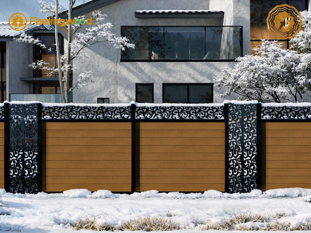 Snow-covered Feelingwood decorative WPC fencing for Canadian residential property—demonstrating freeze-thaw resistant performance and privacy protection for home exterior boundaries.