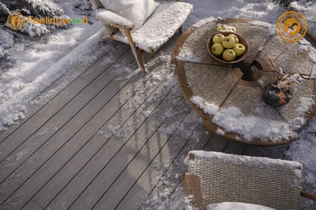 Snow-covered Feelingwood WPC decking on a Canadian residential patio—showcasing moisture-resistant and freeze-thaw durable performance of WPC flooring for outdoor spaces.