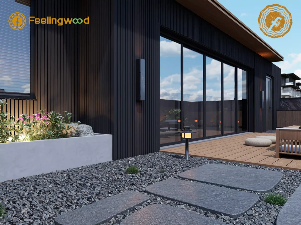 Feelingwood black WPC cladding (exterior wall) and light-colored WPC decking (patio flooring) on a modern Canadian residential courtyard—showcasing decorative aesthetics and weather-resistant performance of WPC materials.