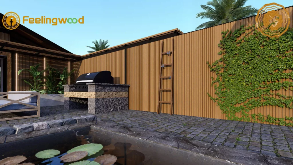 Feelingwood WPC cladding applied to the exterior wall of a Canadian residential courtyard (with water features and greenery)—showcasing moisture-proof performance and decorative aesthetics for home exteriors.
