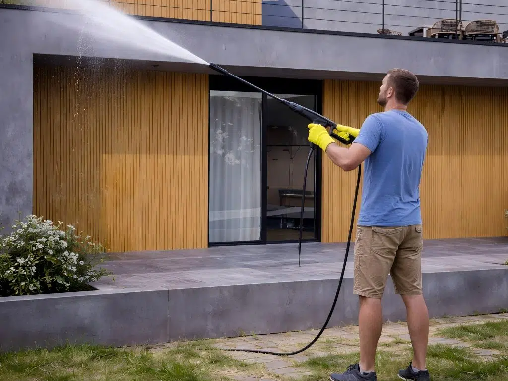 Homeowner cleaning a modern exterior wall clad in warm-toned Feelingwood wpc cladding using a pressure washer, demonstrating the low-maintenance and weather-resistant features of the cladding.