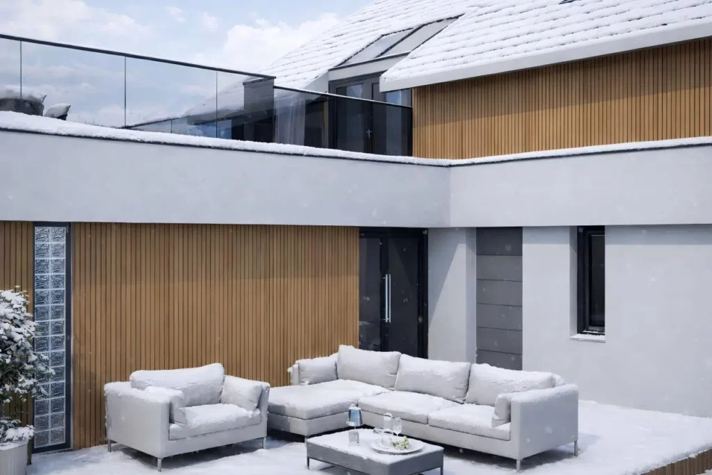 Snow-covered modern patio featuring warm wooden Feelingwood fluted wall panels, a sleek outdoor seating set, and a glass balustrade, creating a cozy winter living space.