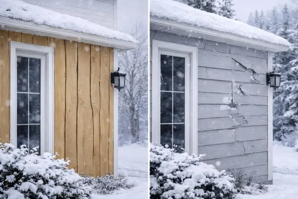 Side-by-side exterior comparison: left traditional wood wall panel, right PVC wall panel, with Feelingwood fluted wall panel showcasing superior durability and modern design for outdoor patio spaces.