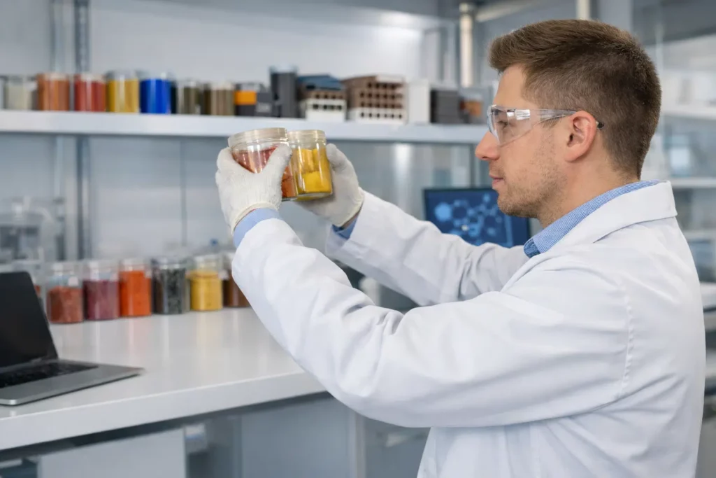 Lab researcher inspecting colored raw materials during WPC cladding production process, showcasing material preparation for composite exterior cladding manufacturing