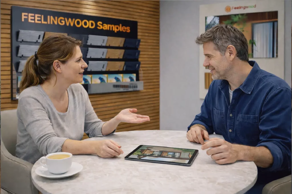 Client and advisor discuss Feelingwood WPC materials (samples displayed on the wall) for Canadian home exterior projects—reviewing product options via tablet in the brand's consultation area.
