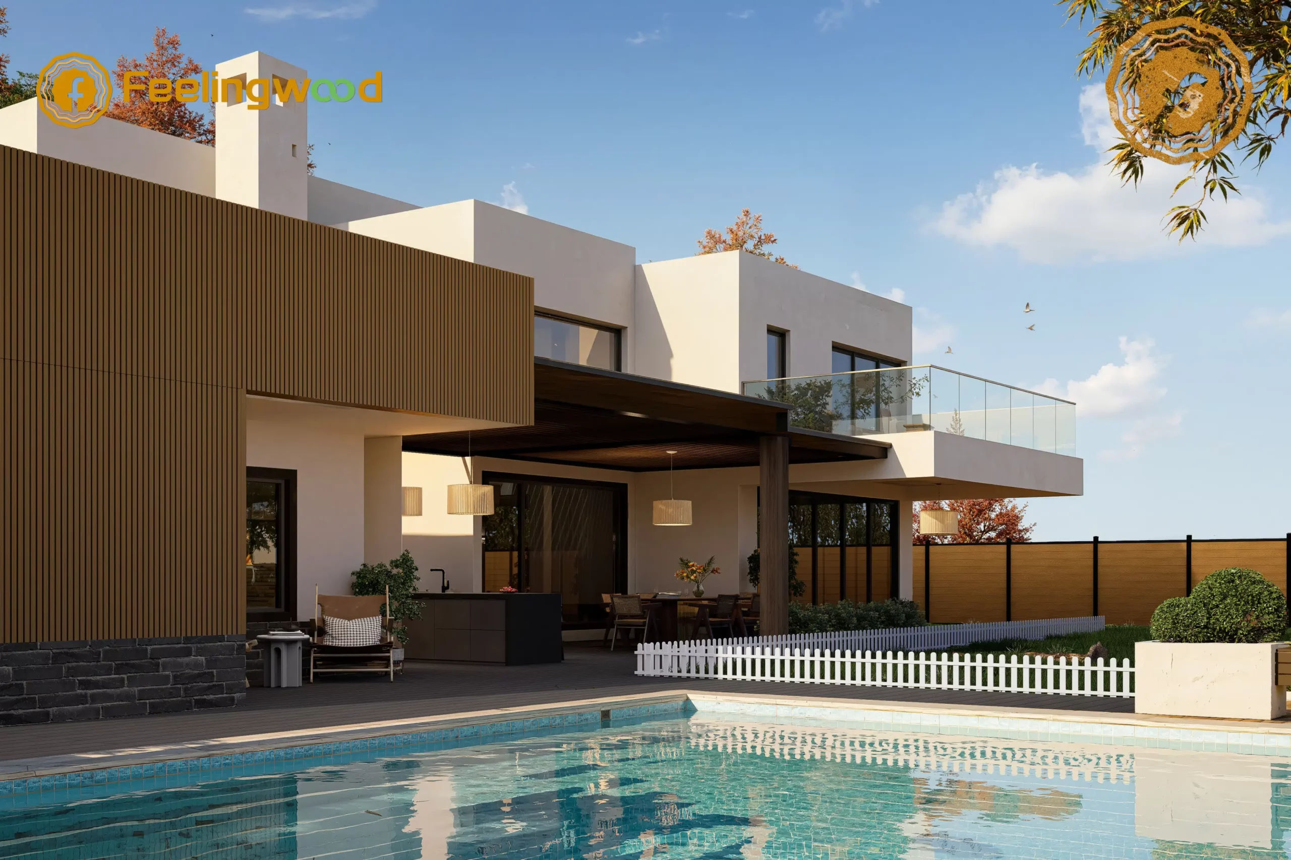 Feelingwood WPC cladding (exterior wall), WPC decking (patio flooring), and WPC fencing (yard boundary) in a Canadian residential pool courtyard—showcasing WPC maintenance advantages, moisture-resistant performance, and aesthetic coordination of WPC materials.