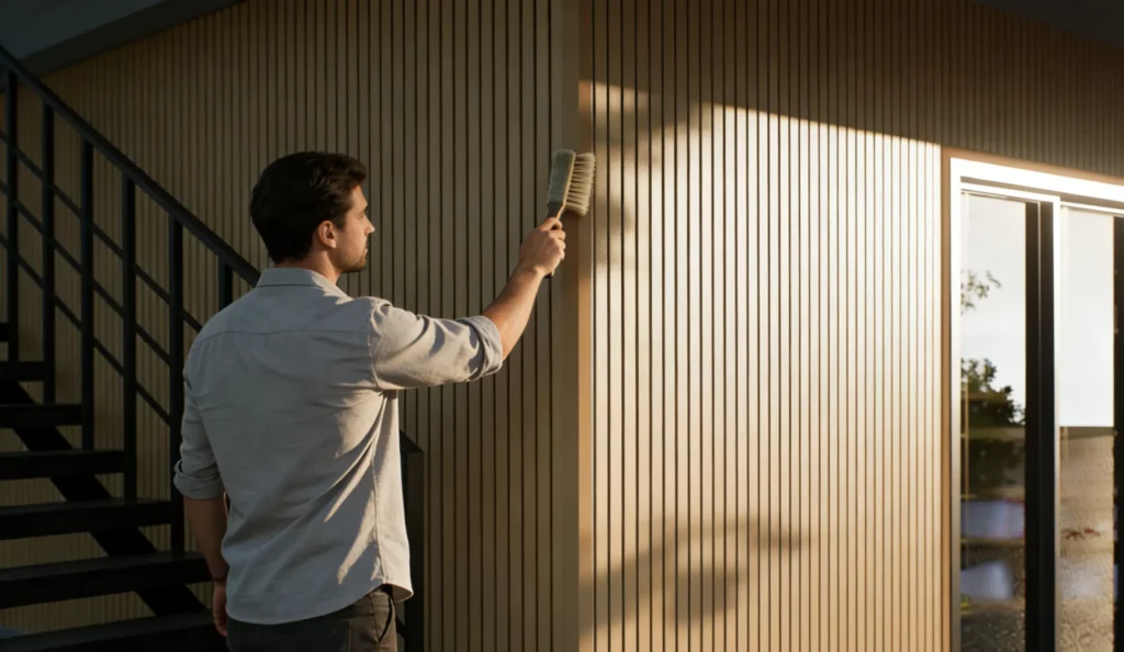 Person cleaning Feelingwood WPC cladding on a Canadian residential exterior wall—showcasing the easy-to-maintain advantage of WPC exterior materials.