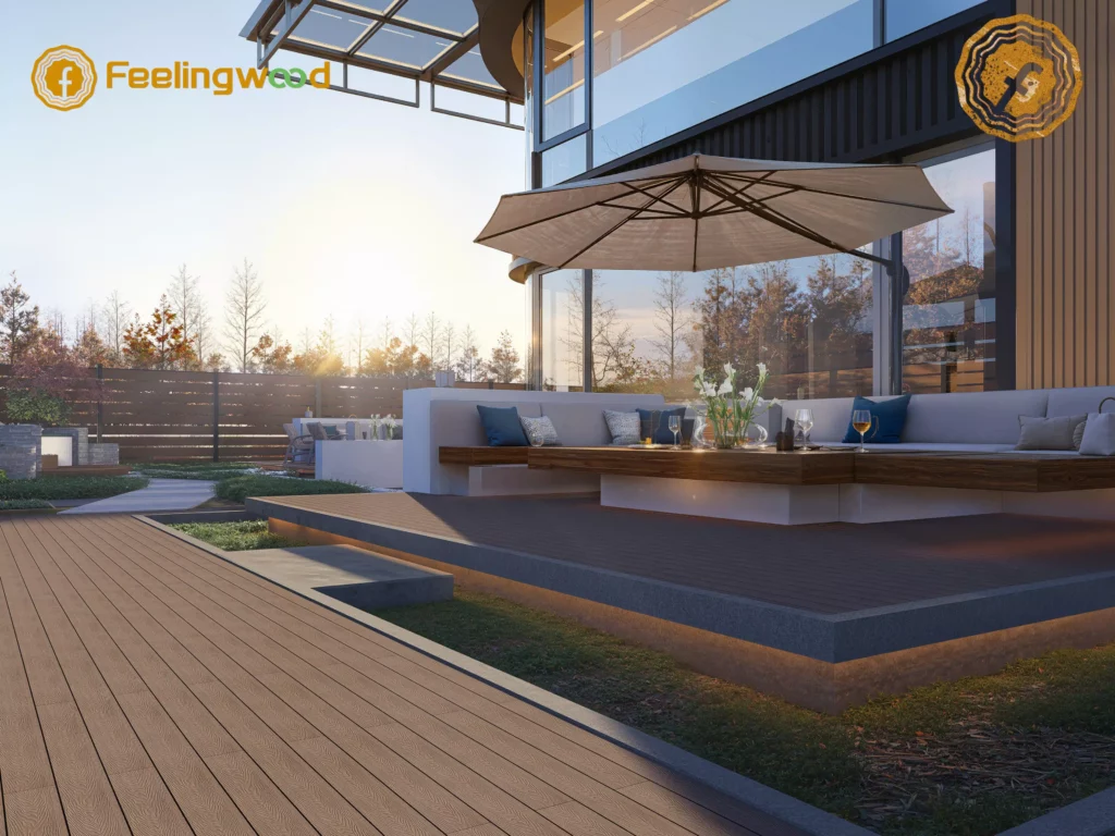 Feelingwood WPC decking (patio flooring), WPC cladding (exterior wall), and WPC fencing (yard boundary) in a Canadian residential courtyard—showcasing coordinated weather resistance and decorative unity of multiple WPC products.