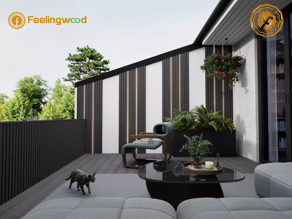 Feelingwood WPC decking (terrace flooring), WPC cladding (exterior wall), and WPC fencing (balcony railing) in a modern Canadian residential terrace—showcasing decorative aesthetics and daily-use durability of WPC materials.