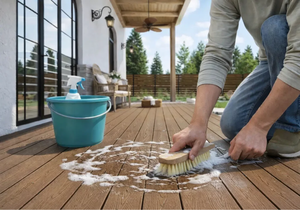 Person cleaning Feelingwood WPC decking with mild cleaner on a Canadian residential patio—highlighting the easy-to-maintain advantage of WPC outdoor materials.