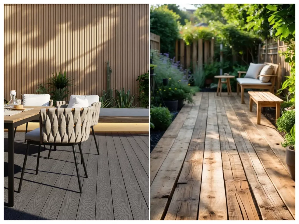 Left: Feelingwood WPC decking on a Canadian residential patio; Right: traditional wood decking—highlighting WPC's better weather resistance and low maintenance for Canadian outdoor environments.