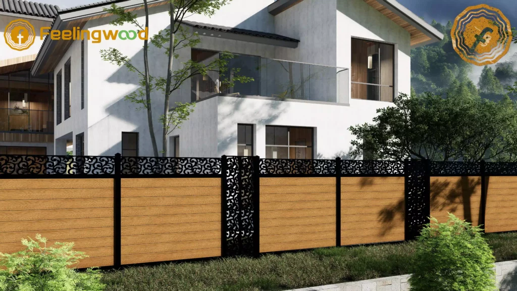 Feelingwood WPC fencing with decorative metal panels on a Canadian residential property—showcasing durable privacy protection and aesthetic appeal for home exteriors.