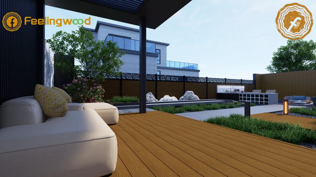 Feelingwood WPC decking and decorative fencing on a luxury residential terrace—showcasing UV resistance, low maintenance, and modern aesthetic appeal.