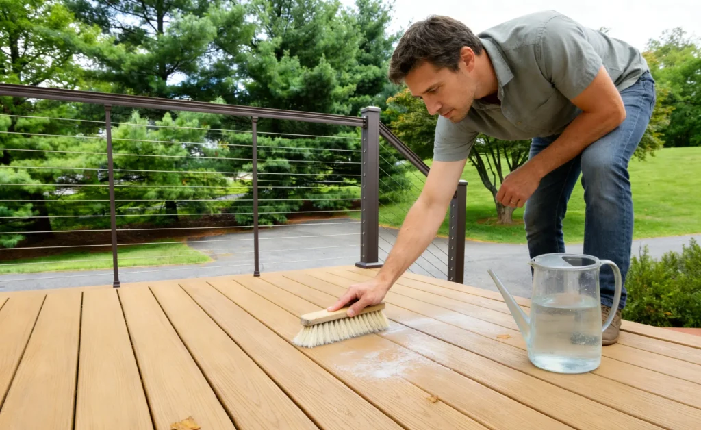 Easy cleaning guide for WPC decking in a Canadian residential setting, with a man using a brush and water to maintain the deck’s appearance.