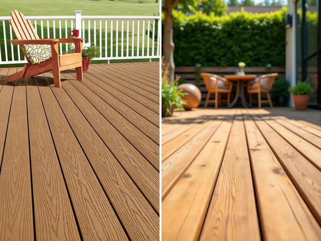 Side-by-side comparison of WPC composite decking (left) vs. natural wood decking (right) in a Canadian backyard, highlighting the consistent finish and low-maintenance benefits of composite material.