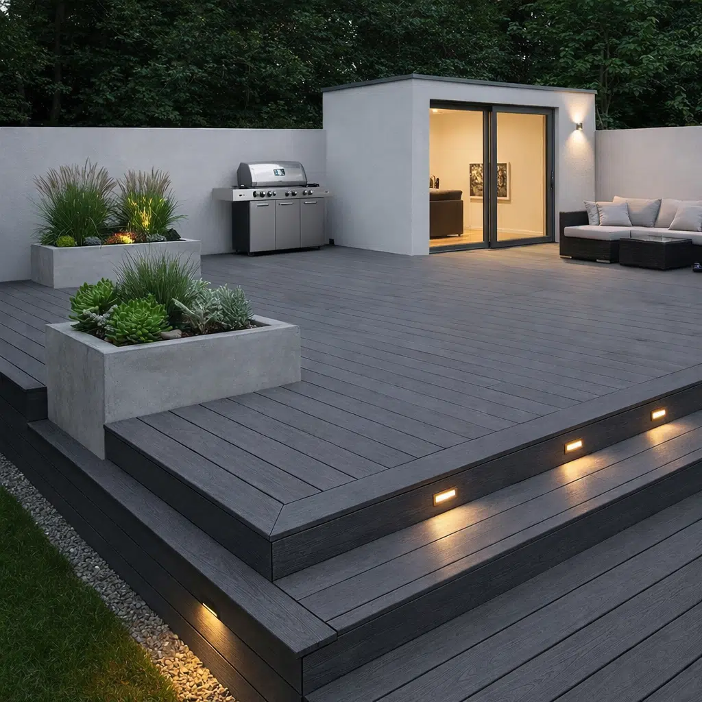 Modern outdoor patio with dark grey decking made from WPC materials, featuring built-in LED step lights, concrete planters, outdoor kitchen, and lounge furniture, ideal for low-maintenance, weather-resistant Canadian backyard living.